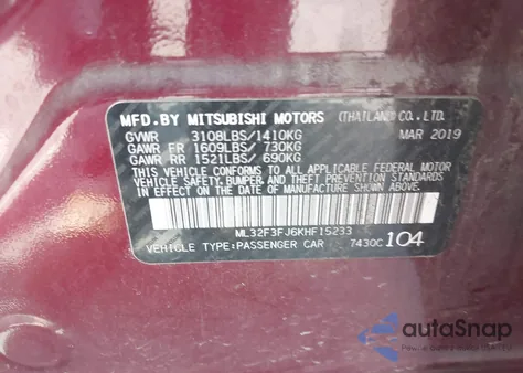 2019 Mitsubishi Mirage G4 Es z USA, uszkodzony, nr VIN ML32F3FJ6KHF15233